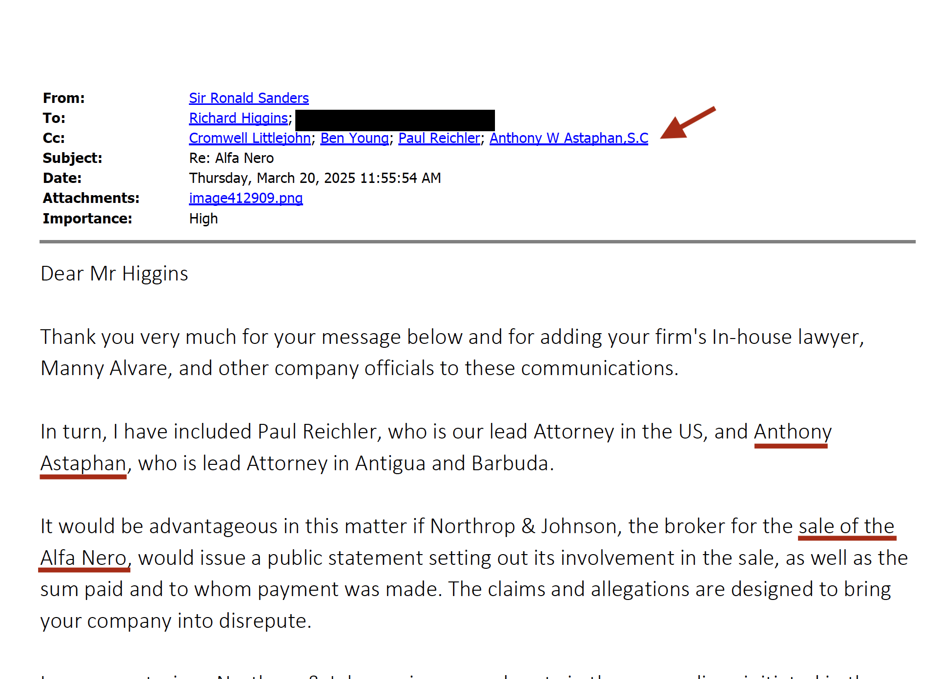 Astaphan was on email group to draft coverup language for Alfa Nero sale